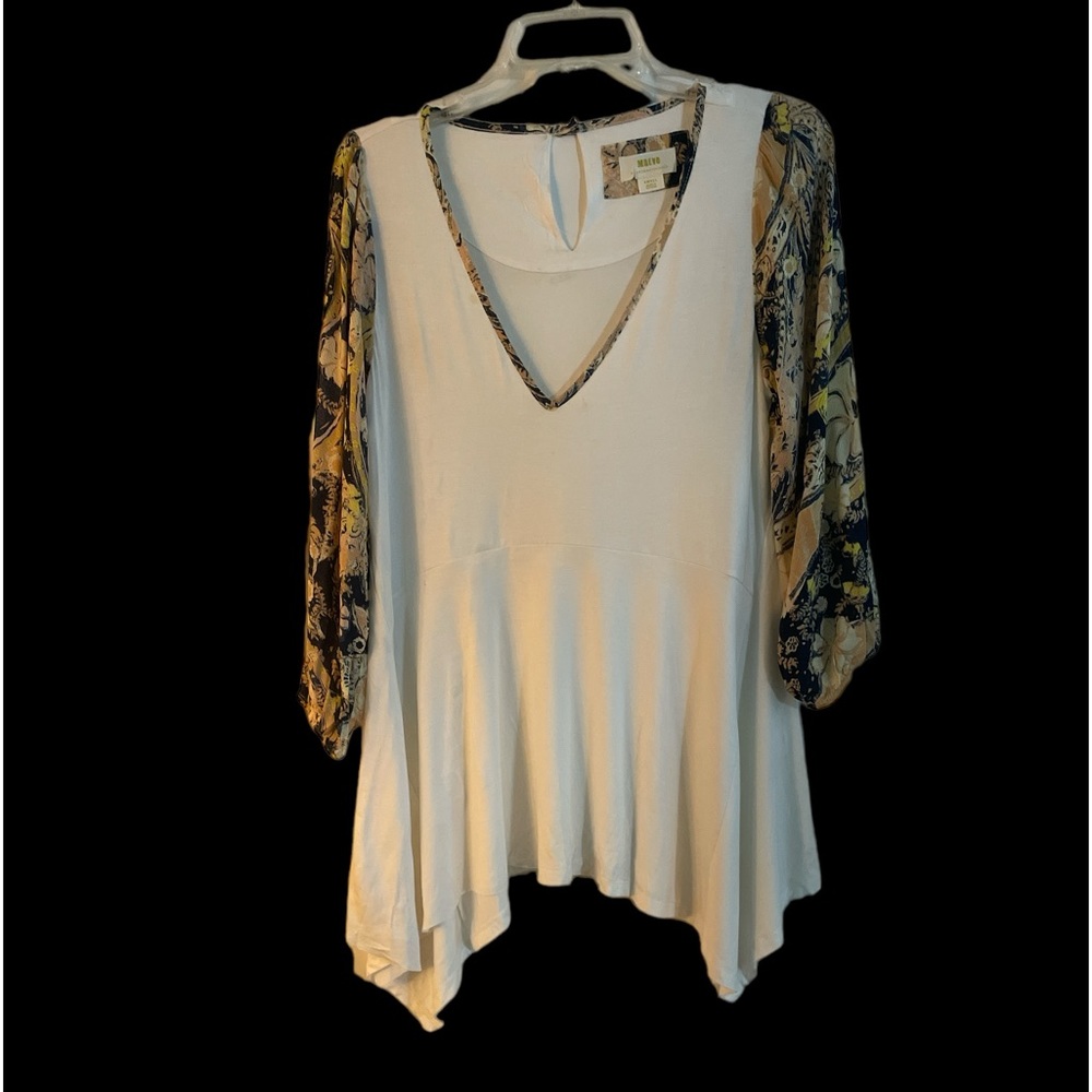 Anthropologie Maeve flowing ivory scarf print puff balloon sleeve tunic top S